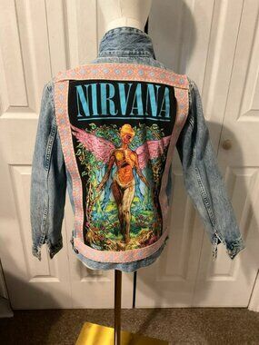 Nirvana In Utero Upcycled Back Graphic with Guitar Strap Border on Women’s Sz. 8